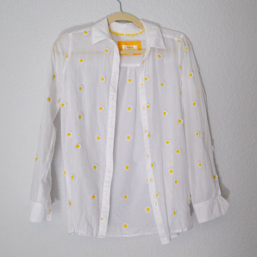 Maeve by Anthropologie White Button Down with Flowers - Size XXS